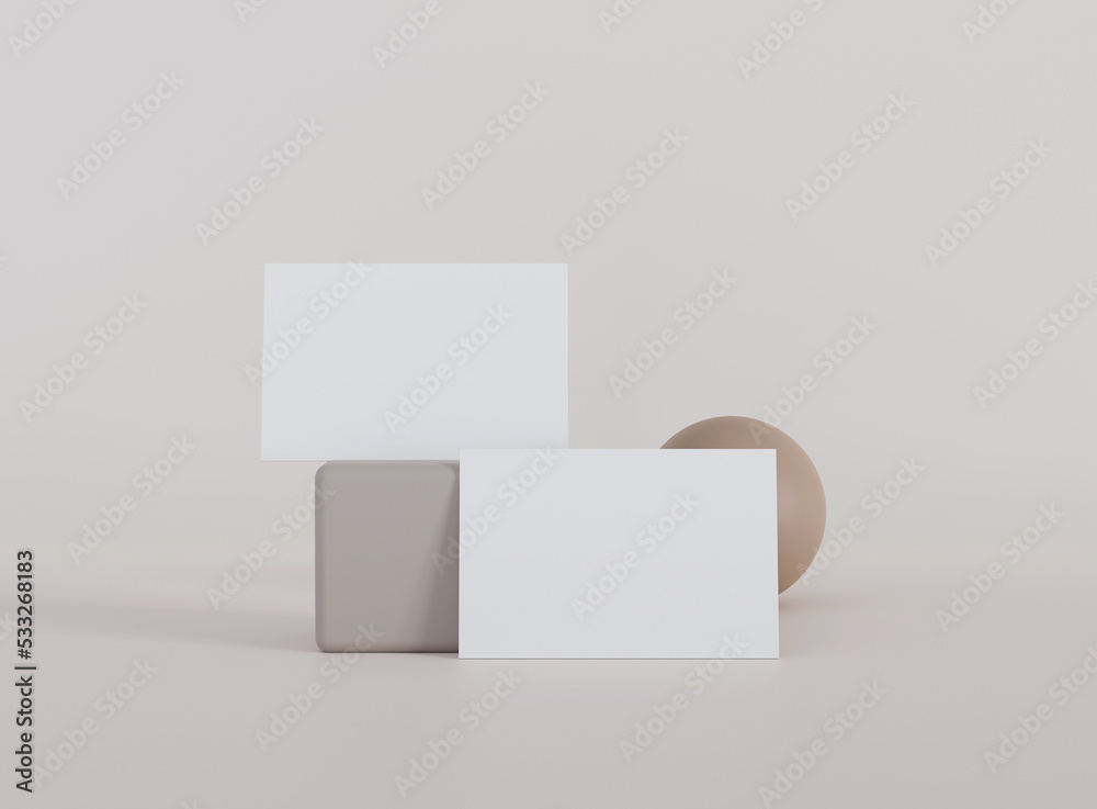 3D business card with geometric shape elements. Mockup scene. Template for branding identity. 3D rendering. 3D business card with geometric shape elements. Mockup scene. Template for branding identity. 3D rendering.