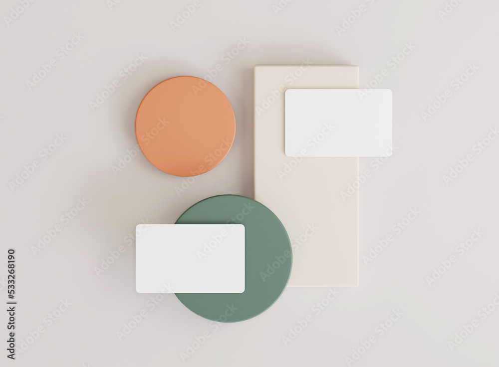 3D business card with geometric shape elements. Mockup scene. Template for branding identity. 3D rendering. 3D business card with geometric shape elements. Mockup scene. Template for branding identity. 3D rendering.