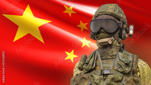 Peoples Liberation Army of China. Soldier in bulletproof vest and military helmet. Armed Forces PRC. PLA soldier. Man in military uniform in front of China flag. China Soldier infantryman. 3d image. photo