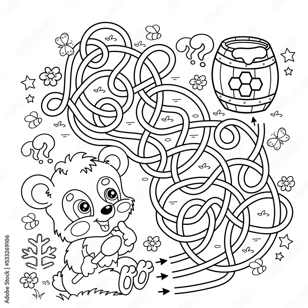 Fototapeta premium Maze or Labyrinth Game. Puzzle. Tangled road. Coloring Page Outline Of cartoon little bear cub with barrel of honey. Coloring book for kids.