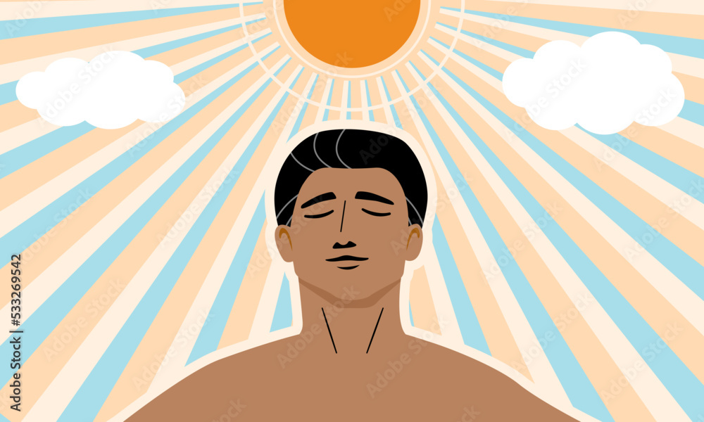 A tan skin man under the sunshine for get more vitamin D from the sun light, healthy lifestyle concept. flat vector illustration.