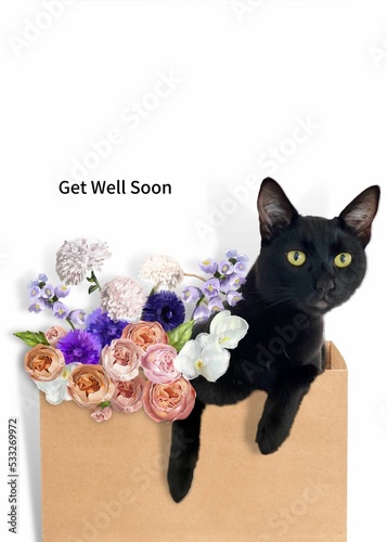 Get well soon card with cat and bouquet of beautiful flowers