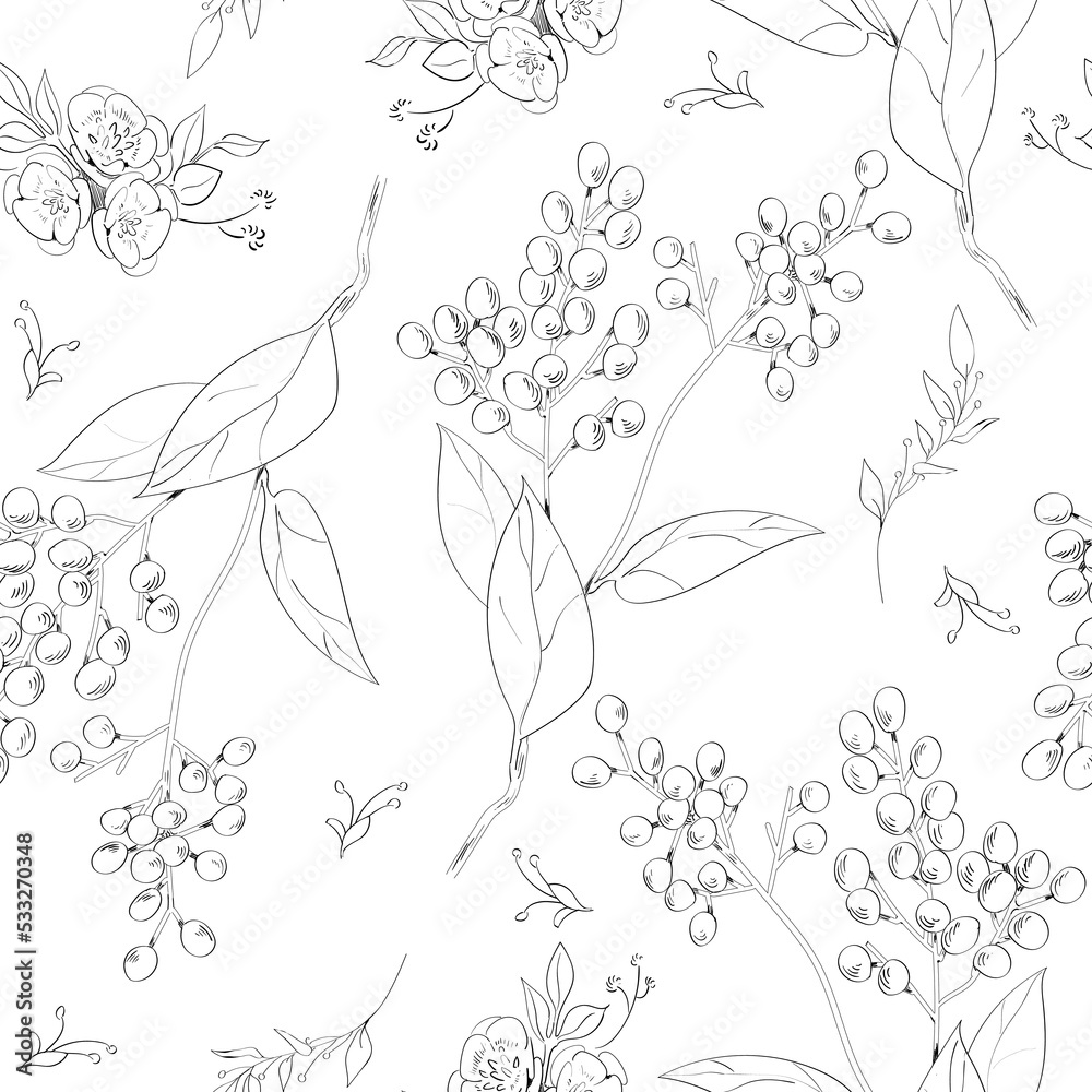  Seamless abstract floral pattern in white background for background, wallpaper, card, wedding, packaging and decoration. Vector hand drawn illustration.