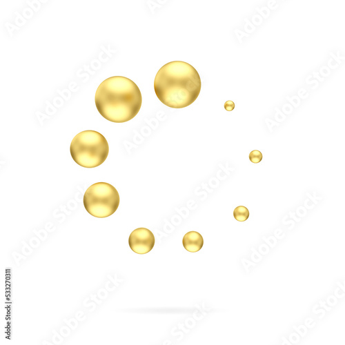 3d gold ball icon that are arranged around each other in a circle on white background. Indicator for loading progress. golden metal sphere. 3d rendering