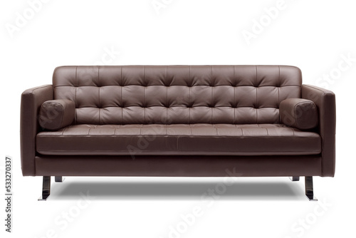 Dark brown leather 2 seater designer sofa with metal legs, isolated on white, furniture series