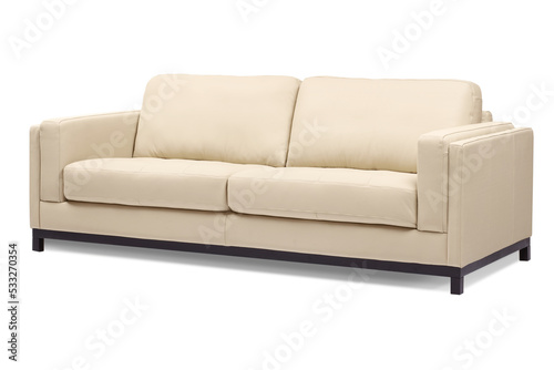 Beige leather 2 seater designer sofa with black wood legs, isolated on white, furniture series