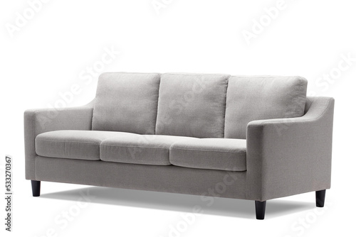 Grey fabric 3 seater minimalist sofa with black black wooden legs, isolated on white, furniture series