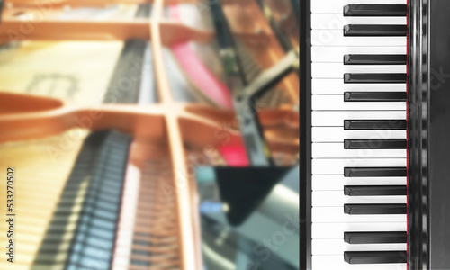 Canvas Print Grand piano keyboard plan view with perspective blurry image of detail inside for musical party invitation and advertising background