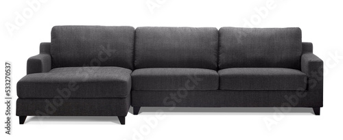 Dark grey fabric 3 seater L shape minimalist sofa with black wooden legs, isolated on white, furniture series