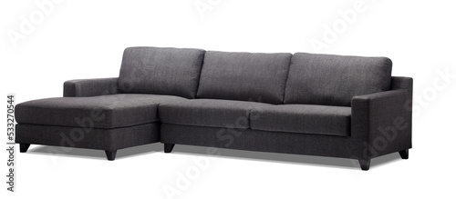 Dark grey fabric 3 seater L shape minimalist sofa with black wooden legs, isolated on white, furniture series