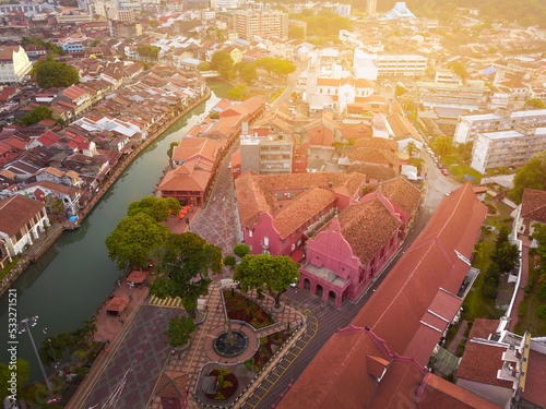 Aerial view of historical Malacca city during sunrise.