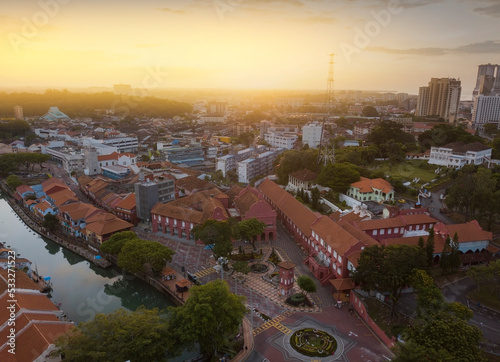 Aerial view Malacca city during sunrise. Noise slightly appear due to high ISO.