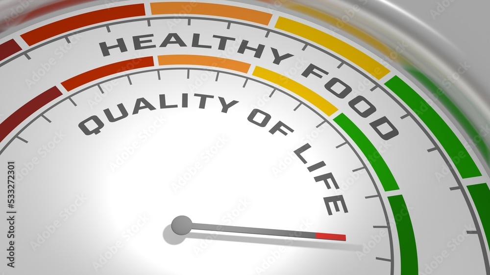 Abstract measuring device. Influence of healthy food on quality of life. Scales of cause and effect. 3D render Abstract measuring device. Influence of healthy food on quality of life. Scales of cause and effect. 3D render
