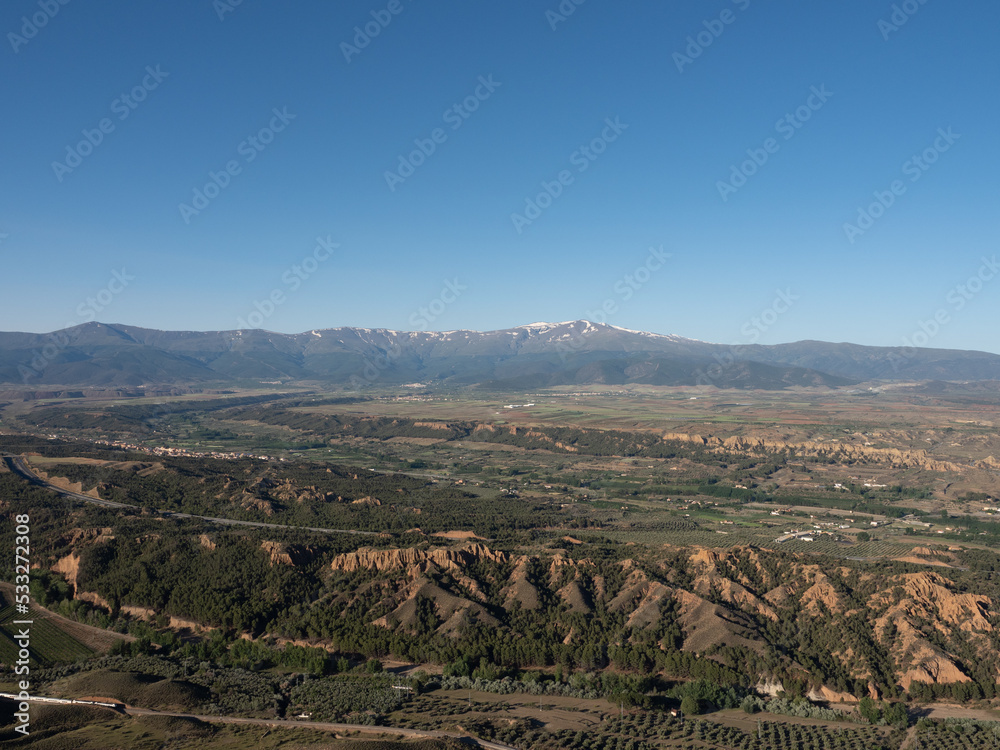 Panoramic aerial landscape view in air balloon on the Guadix fields
