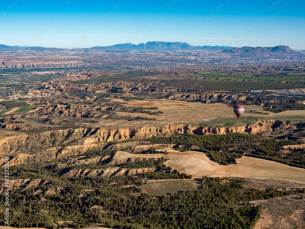 Panoramic aerial landscape view in air balloon on the Guadix fields