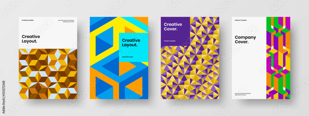 Obraz premium Bright mosaic tiles brochure illustration collection. Amazing flyer design vector layout bundle.