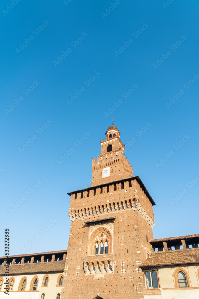 Architecture details with Castello Sforzesco from Milano
