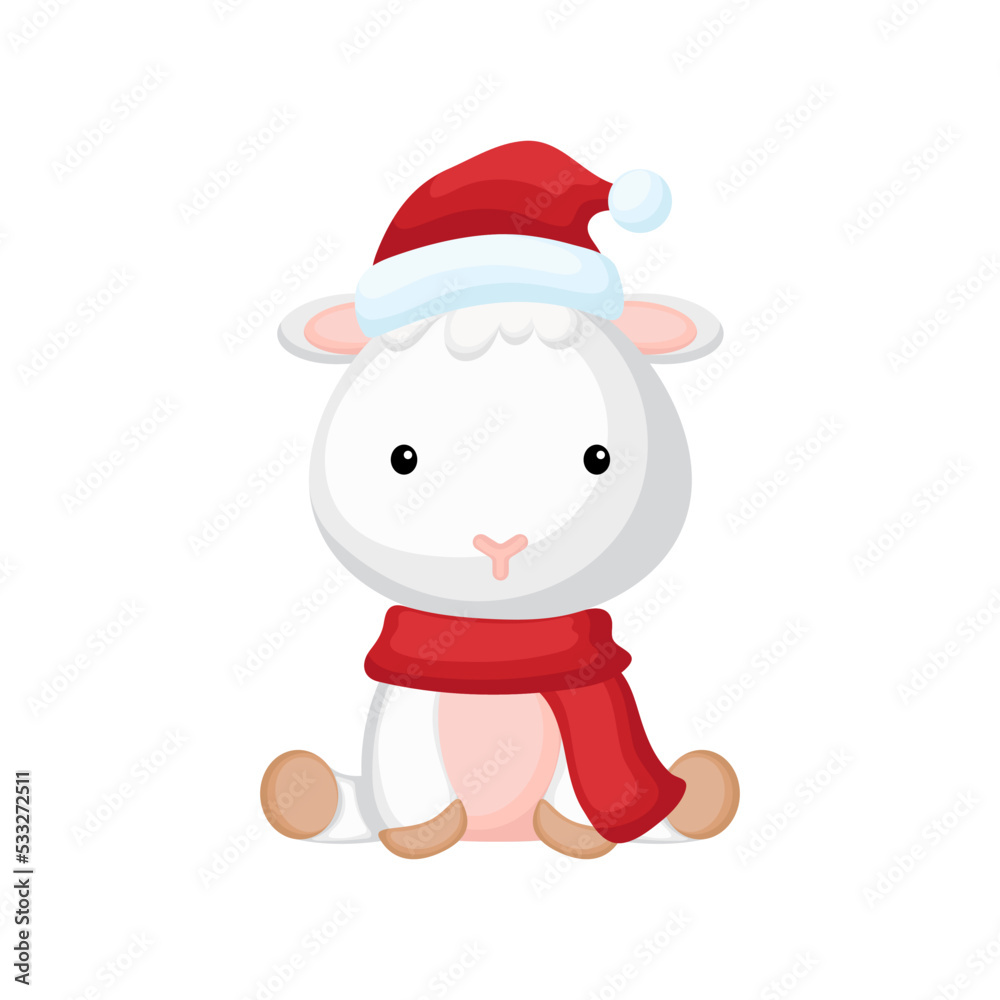 Cute little sheep sitting in a Santa hat and red scarf. Cartoon animal character for kids t-shirts, nursery decoration, baby shower, greeting card, invitation. Isolated vector stock illustration Cute little sheep sitting in a Santa hat and red scarf. Cartoon animal character for kids t-shirts, nursery decoration, baby shower, greeting card, invitation. Isolated vector stock illustration