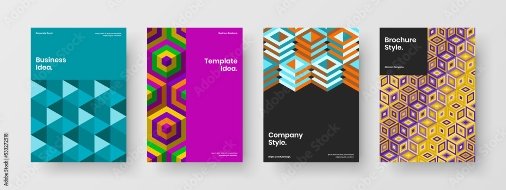 Clean mosaic tiles pamphlet illustration composition. Isolated booklet design vector concept bundle.