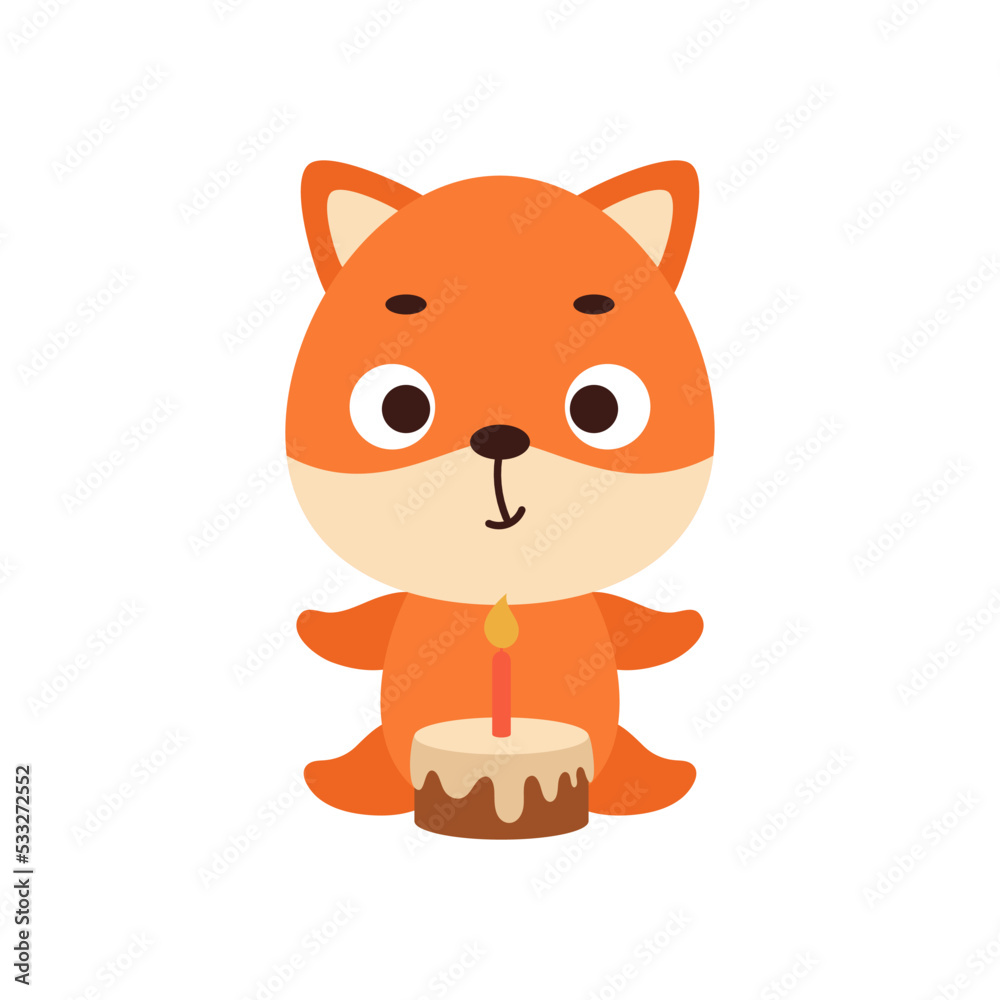 Cute little fox with birthday cake on white background. Cartoon animal character for kids cards, baby shower, invitation, poster, t-shirt composition, house interior. Vector stock illustration. Cute little fox with birthday cake on white background. Cartoon animal character for kids cards, baby shower, invitation, poster, t-shirt composition, house interior. Vector stock illustration.