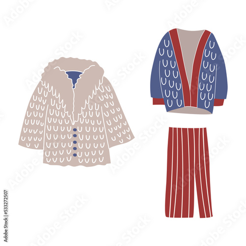 Set of winter clothes fur coat, skirt, cardigan