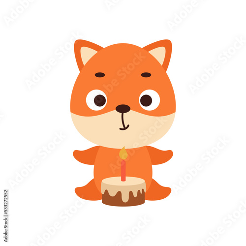 Cute little fox with birthday cake on white background. Cartoon animal character for kids cards  baby shower  invitation  poster  t-shirt composition  house interior. Vector stock illustration.