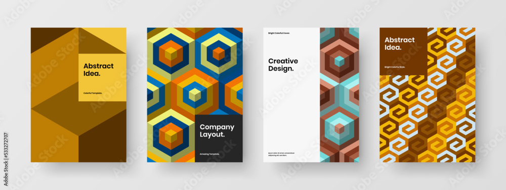 Fresh geometric hexagons journal cover concept collection. Multicolored front page A4 vector design layout set.