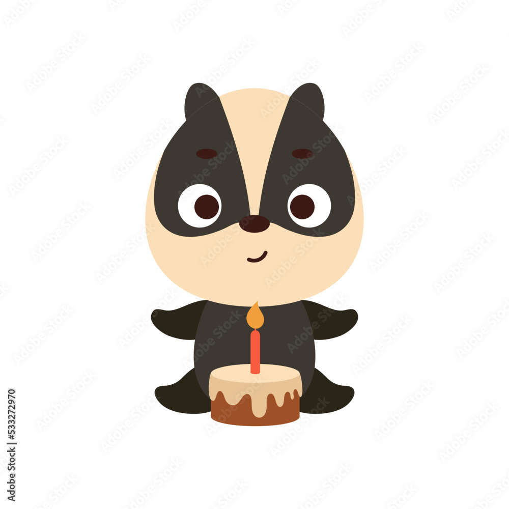 Cute little badger with birthday cake on white background. Cartoon animal character for kids cards, baby shower, invitation, poster, t-shirt composition, house interior. Vector stock illustration Cute little badger with birthday cake on white background. Cartoon animal character for kids cards, baby shower, invitation, poster, t-shirt composition, house interior. Vector stock illustration