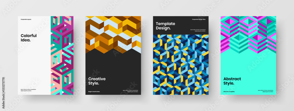 Fototapeta premium Multicolored mosaic tiles presentation layout set. Colorful booklet design vector illustration collection.