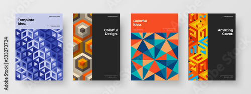 Isolated placard A4 design vector template set. Multicolored geometric shapes presentation concept composition.