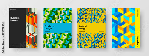 Premium mosaic shapes booklet layout collection. Bright corporate brochure design vector concept composition.