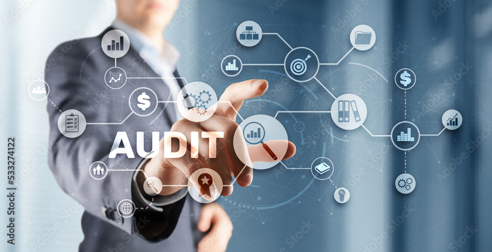 Audit. Checking the financial statements of the company. Businessman touching Audit on 3d icon on virtual screen Audit. Checking the financial statements of the company. Businessman touching Audit on 3d icon on virtual screen