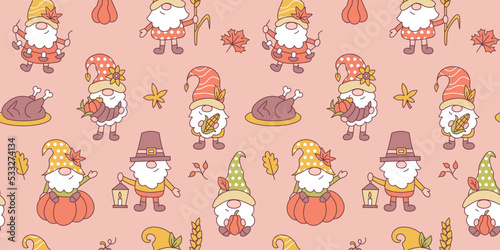 Thanksgiving seamless pattern. Cute little autumn gnomes with holiday objects. Cartoon style.
