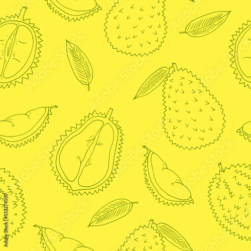 durian fruit seamless pattern hand drawn in doodle style. wrapping paper, background, wallpaper, textile.