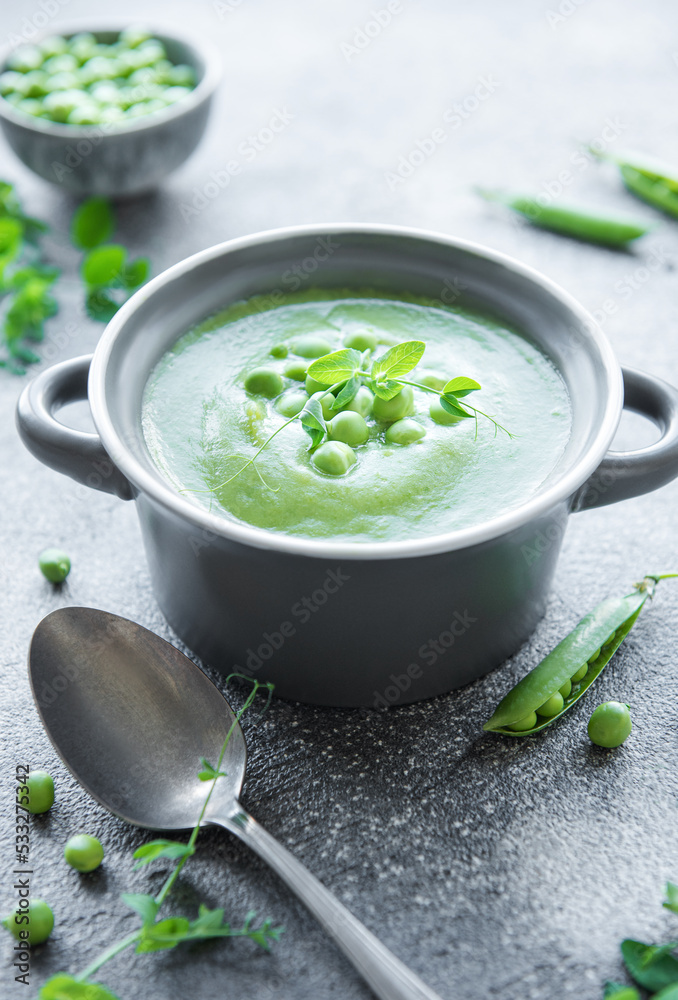 Fresh vegetable soup made of green peas Fresh vegetable soup made of green peas