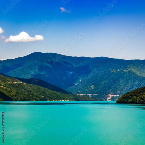 Beautiful scenery of a mountainous azure lake.