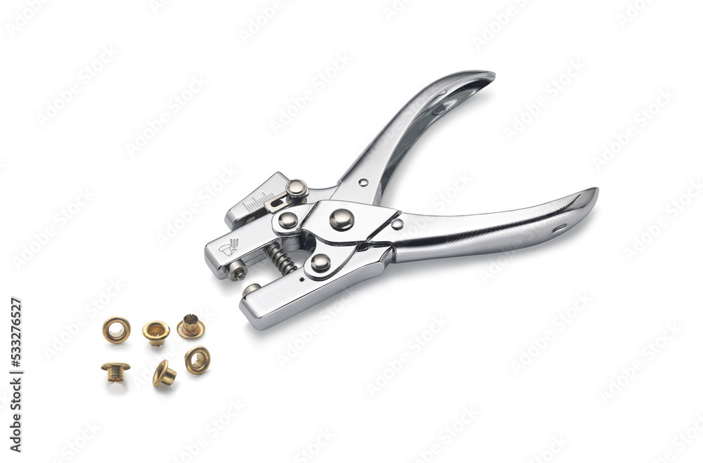 Pliers for drilling and hammering eyelet on white Pliers for drilling and hammering eyelet on white