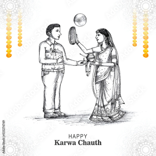 Happy karwa chauth festival card with indian copule sketch background