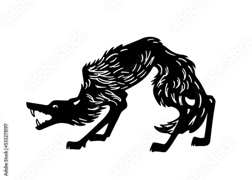 Vector card with hand drawn cute skinny growling wolf. Ink drawing, graphic style. Beautiful wild nature design elements. Tattoo or logo template 