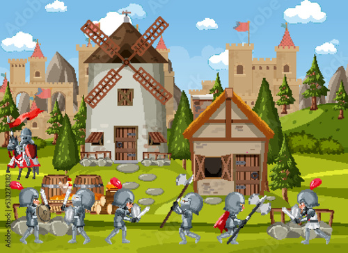 Medieval village scene castle background