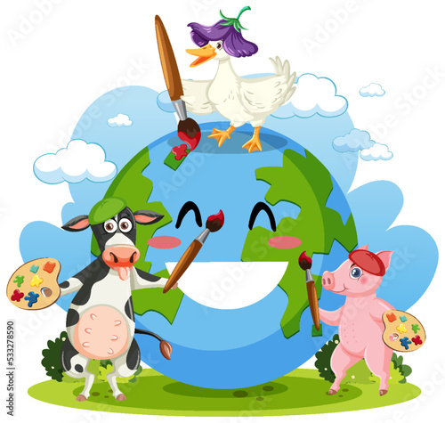 Smile earth globe with cartoon character