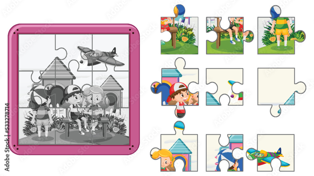 Naklejka premium Children photo jigsaw puzzle game template