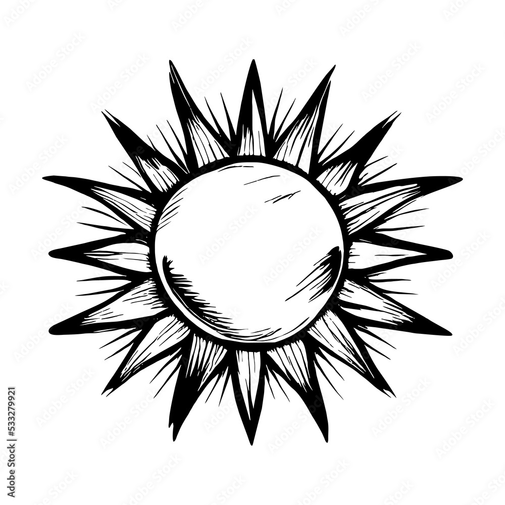 Cute abstract hand drawn sun. Sweet vector black and white sun drawing. Isolated monochrome doodle sun drawing on white background. Vector illustration Cute abstract hand drawn sun. Sweet vector black and white sun drawing. Isolated monochrome doodle sun drawing on white background. Vector illustration