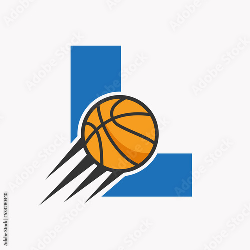 Initial Letter L Basketball Logo Concept With Moving Basketball Icon. Basket Ball Logotype Symbol Vector Template