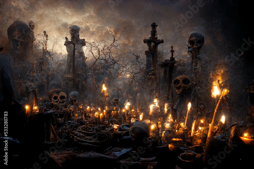 Skeletons in haunted  creepy graveyard.Digital art