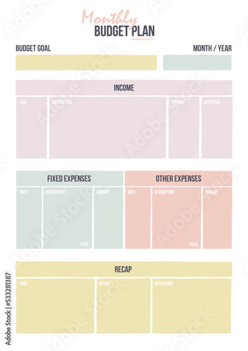 Monthly and weekly budget plan in pastel style