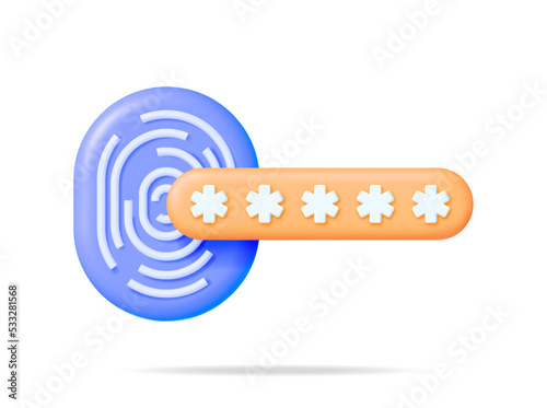 3D Locked Password Field and Fingerprint. Render Password Hidden Stars with Finger Print. Computer Data Protection Security and Confidentiality. User Login Biometric Authorization. Vector Illustration