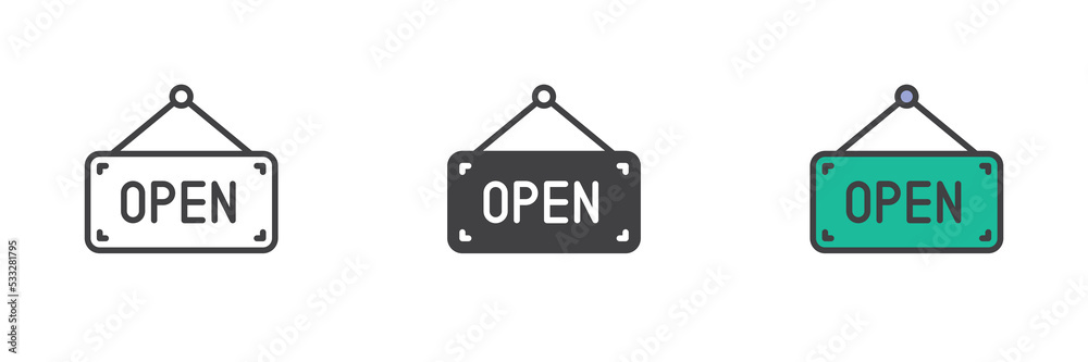 Open sign board different style icon set Open sign board different style icon set