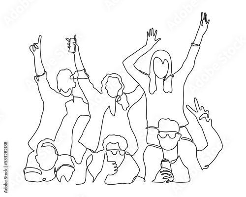 Line art drawing of cheerful crowd. Hands up. Group of Applause people, continuous one Line vector illustration. People standing at concert, meeting. Concept of happy Audience. 