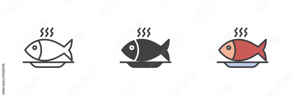 Frying fish different style icon set Frying fish different style icon set